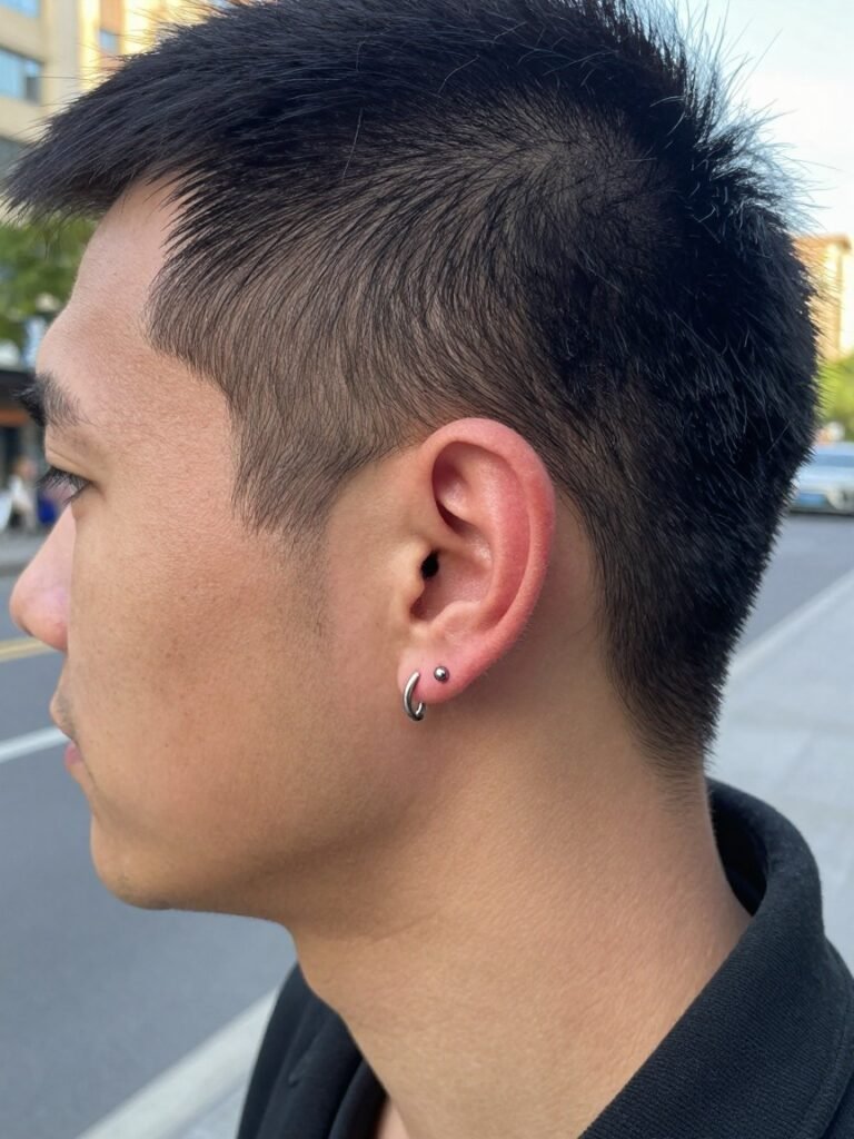 Men Ear Piercing With a Rook Curved Barbell