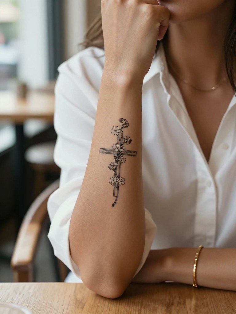 14 Stunning Feminine Christian Tattoo Ideas Trending Now 1 Fine-Line Feminine Christian Tattoo Cross With Wildflowers