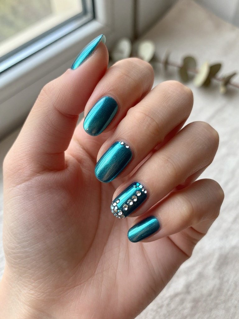 Dark Teal Nails With a Three-Nail Crystal Accent