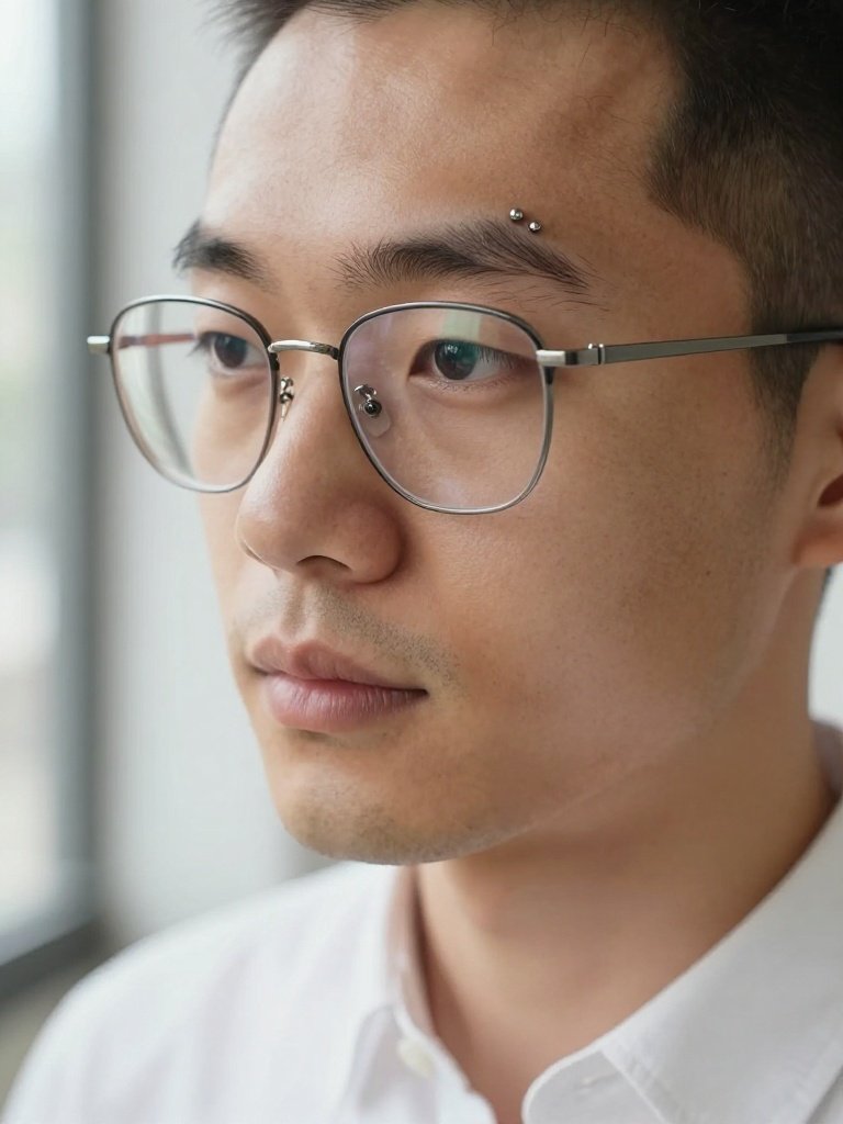 Eyebrow Piercing Men With Glasses and Low-Profile Ends