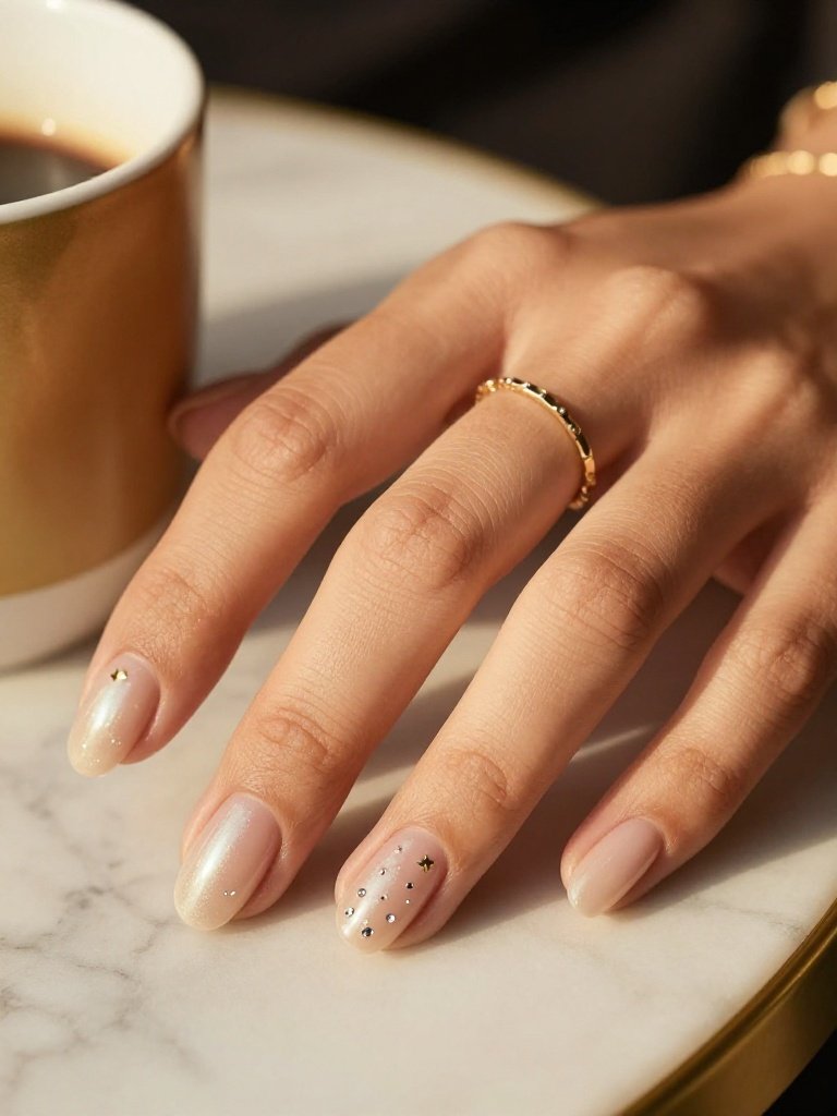 Minimalist Nude Back to School Nail With Tiny Gold Star Studs