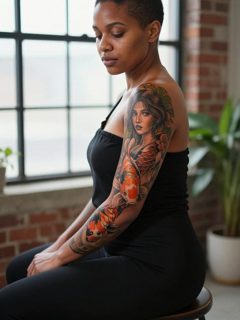 Portrait and Koi Sleeve Tattoos Women