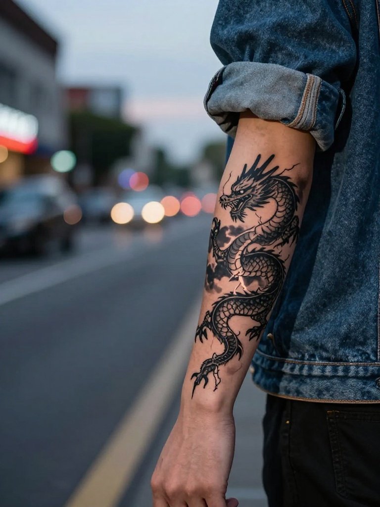 14 Iconic Dragon Tattoo Men Ideas With Insider Tips 5 Dragon Tattoo Men Arm: Half-Sleeve Storm Design