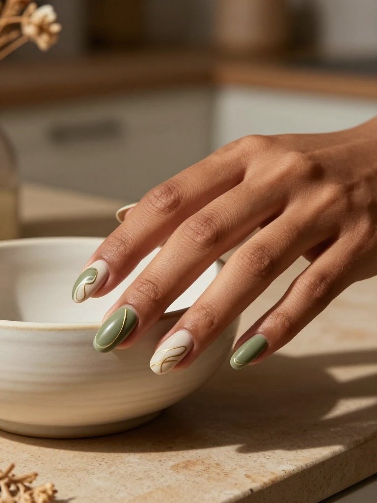 Olive and Cream Abstract Swirl Back to School Nail Idea