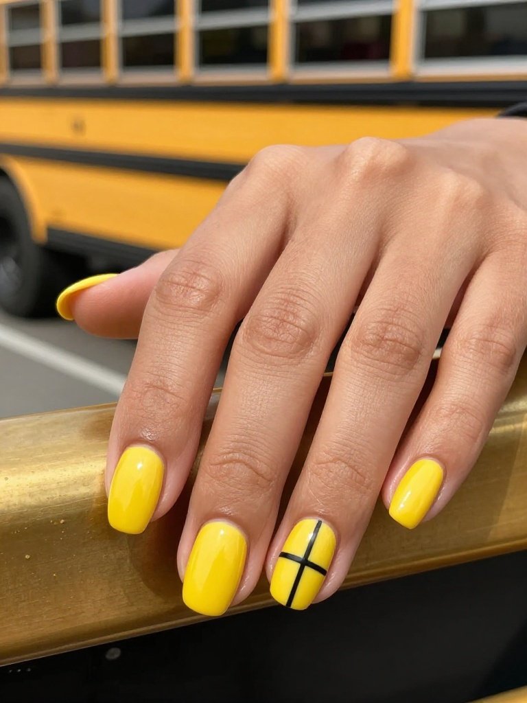 School Bus Yellow Back to School Nail With Black Pinstripe