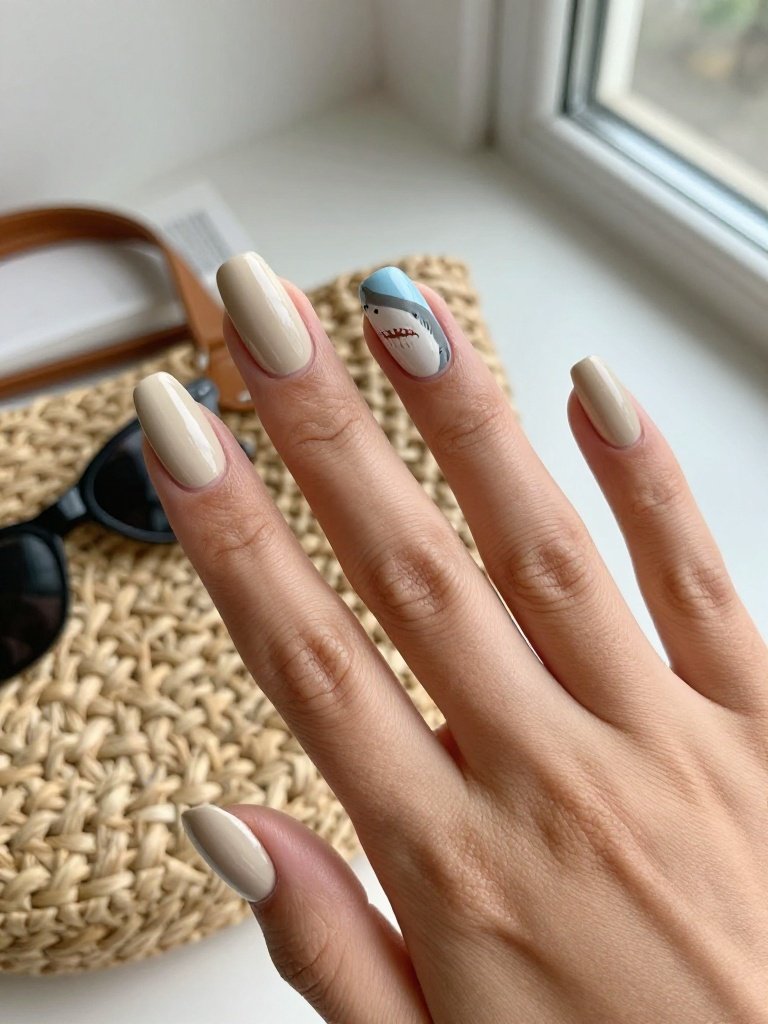 Hand-Painted Shark Week Nails With Portrait Detail