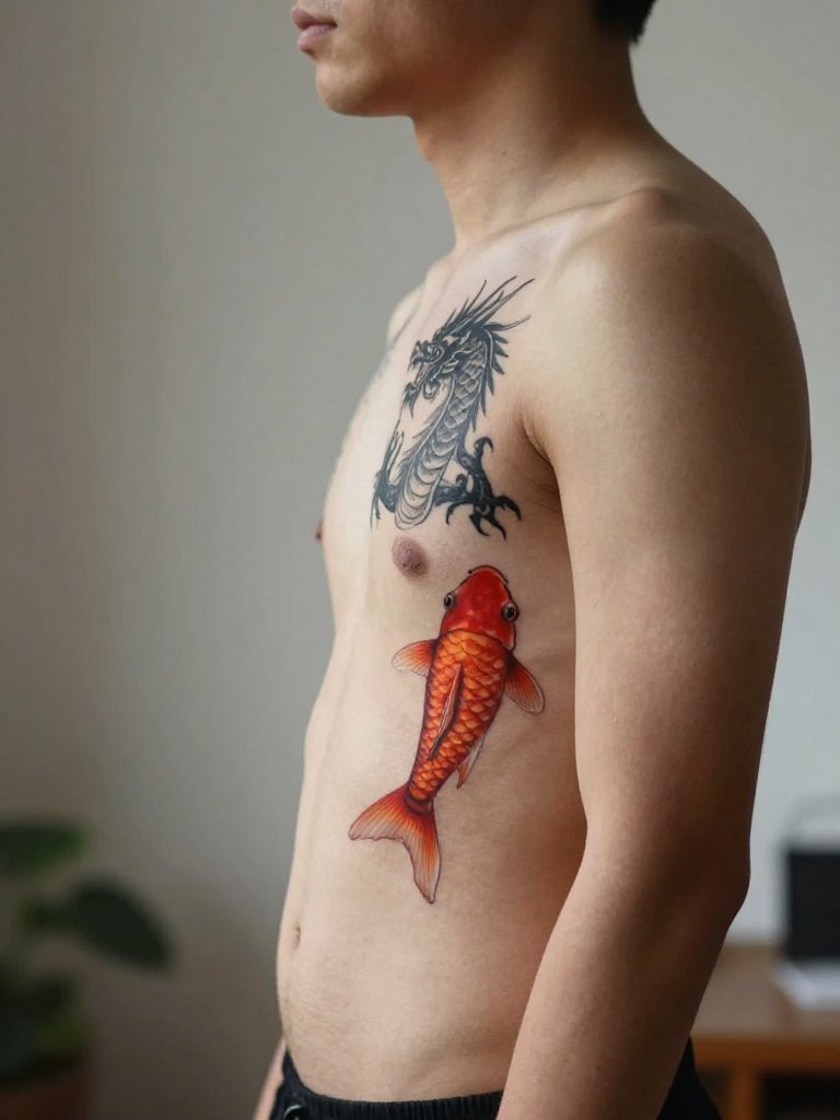 14 Iconic Dragon Tattoo Men Ideas With Insider Tips 7 Dragon Tattoo Men and Koi Fish: Transformation Piece