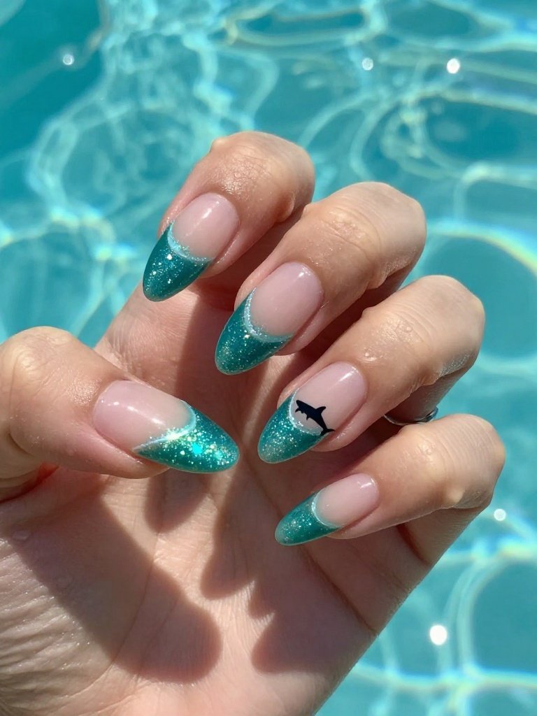 Glitter Wave Shark Week Nails