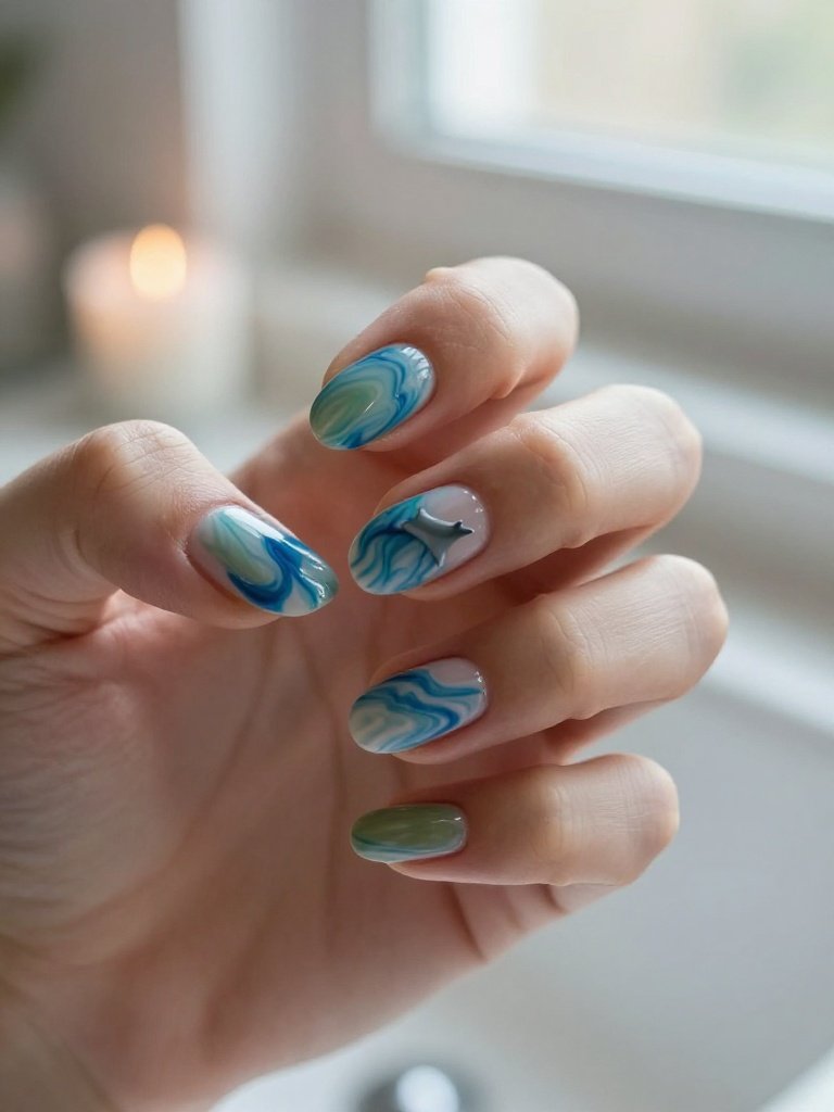 Marbled Water Effect Shark Week Nails