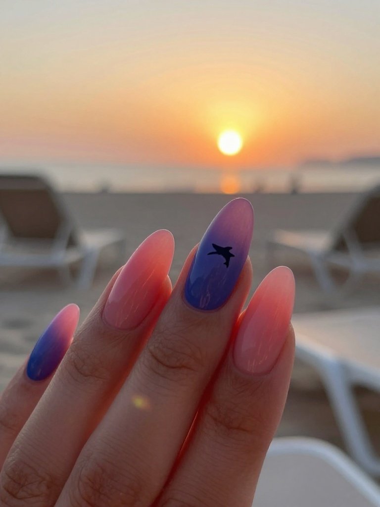  Airbrushed Sunset Ocean Shark Week Nails