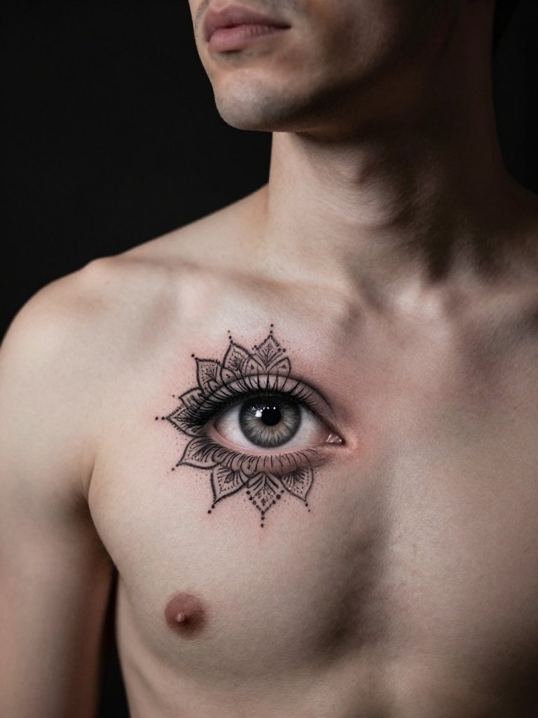 21 Chest Tattoos For Men: Trending And Iconic Ideas 1 Black-And-Grey Realistic Eye Chest Tattoo With Dotwork Mandala Accents