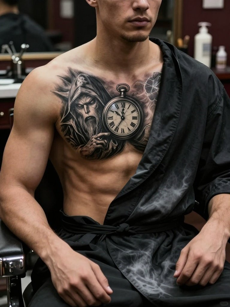 21 Chest Tattoos For Men: Trending And Iconic Ideas 3 Grim Reaper And Pocket Watch Memento Mori Design