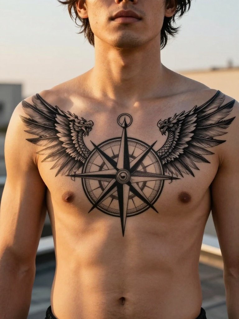 21 Chest Tattoos For Men: Trending And Iconic Ideas 5 Compass Rose With Dragon Wing Detailing