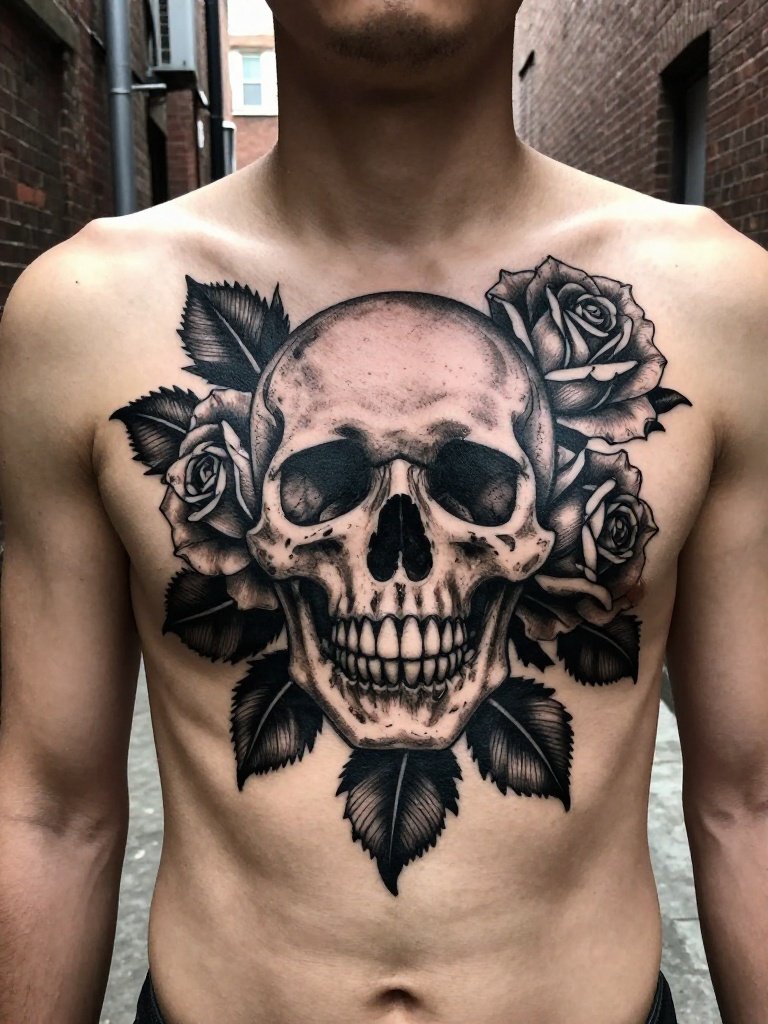 21 Chest Tattoos For Men: Trending And Iconic Ideas 7 Ornate Rose And Skull Blackwork Piece