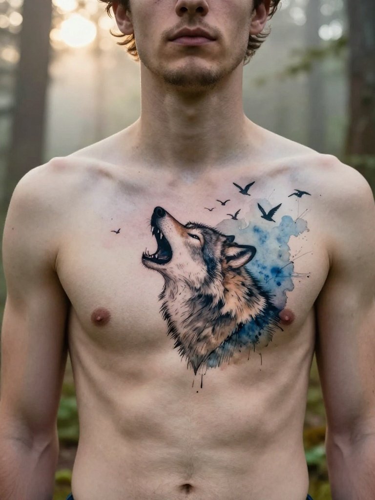 21 Chest Tattoos For Men: Trending And Iconic Ideas 4 Watercolor Wolf Howling With Scattered Birds Chest Tattoo