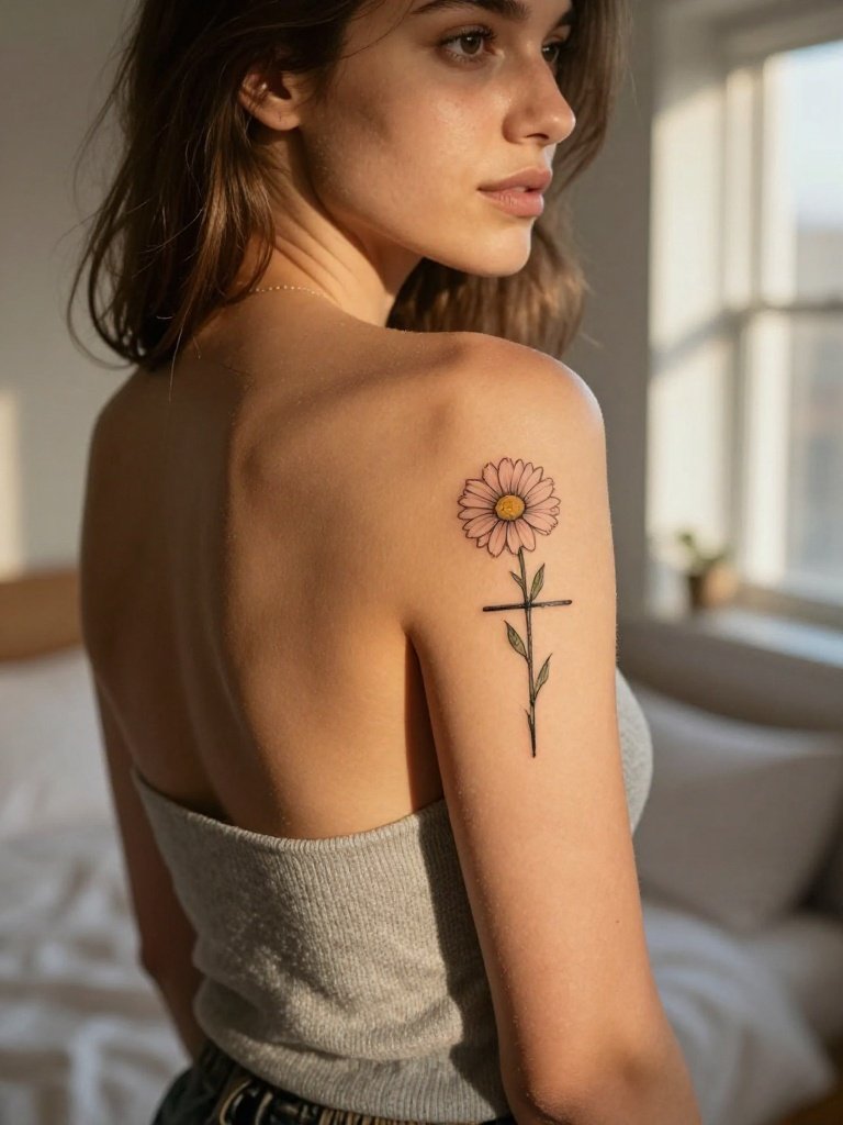 14 Stunning Feminine Christian Tattoo Ideas Trending Now 5 Feminine Christian Tattoo Cross Paired With A Birth Flower
