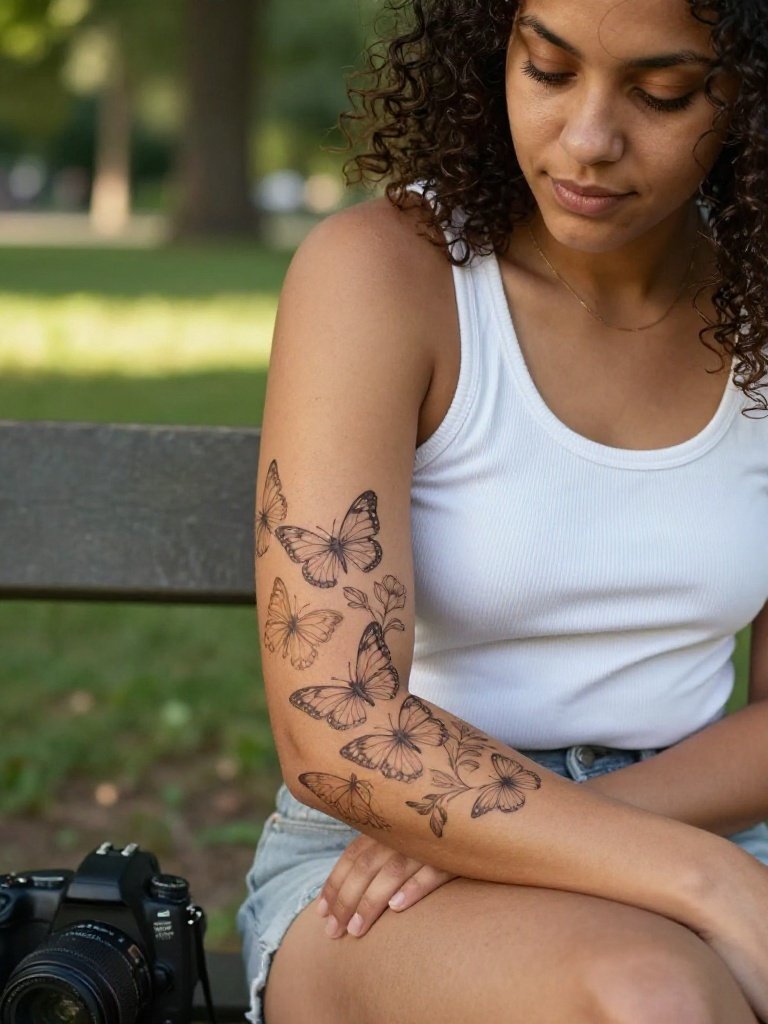 Butterfly Accent Sleeve Tattoos Women