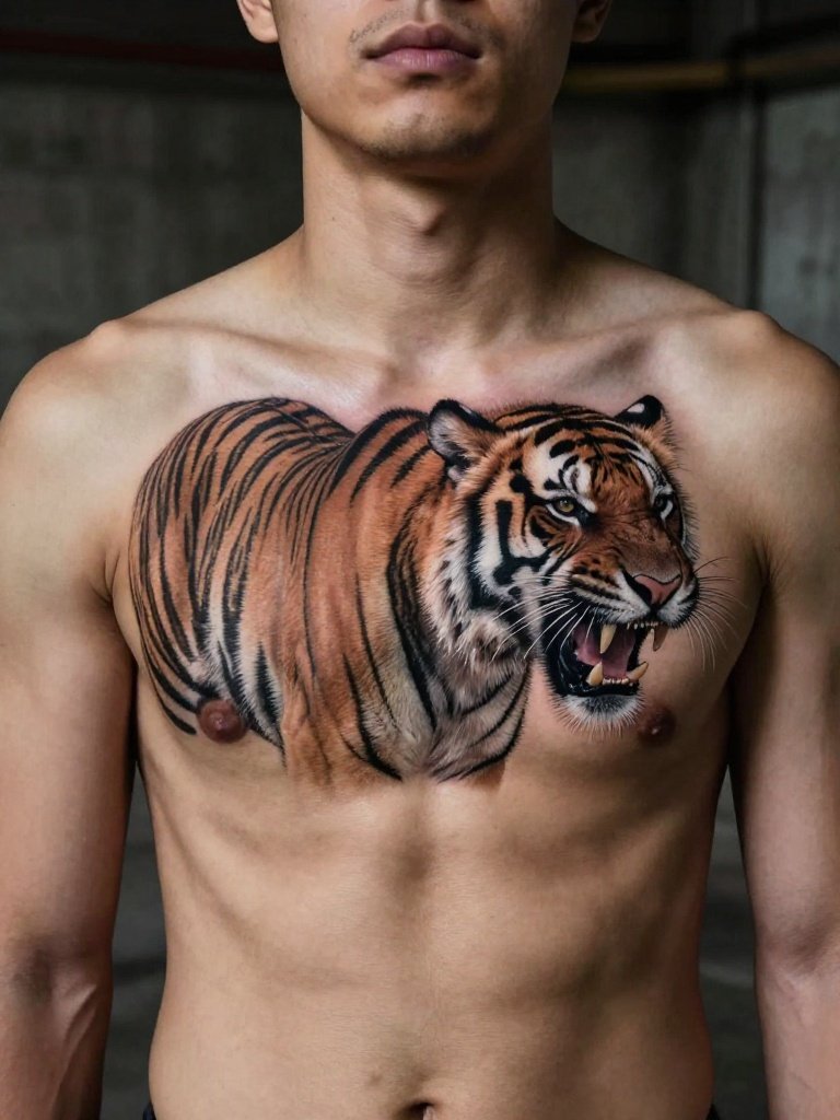 21 Chest Tattoos For Men: Trending And Iconic Ideas 9 Photo-Realistic Tiger Portrait With Fierce Expression