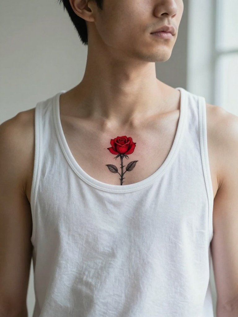21 Chest Tattoos For Men: Trending And Iconic Ideas 11 Fine-Line Red Rose With Minimal Color Accent