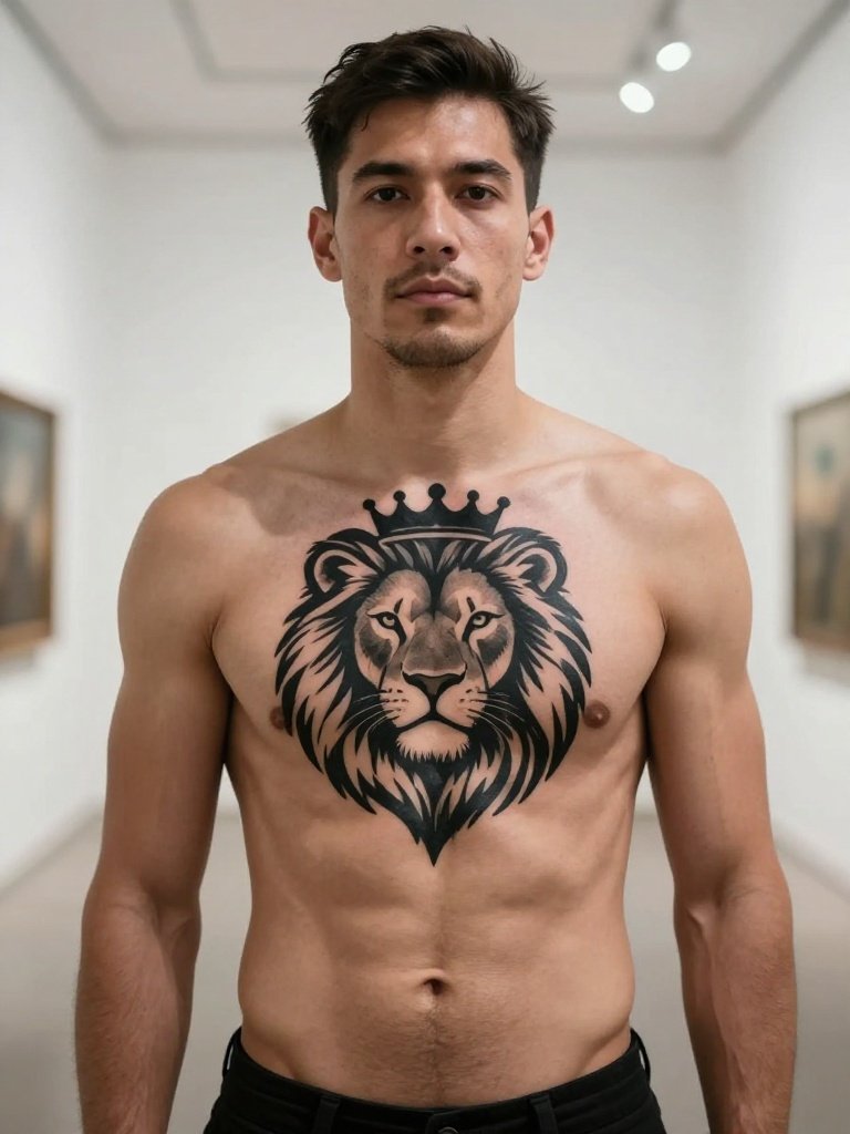 21 Chest Tattoos For Men: Trending And Iconic Ideas 13 Crowned Lion Bold Blackwork Chest Piece