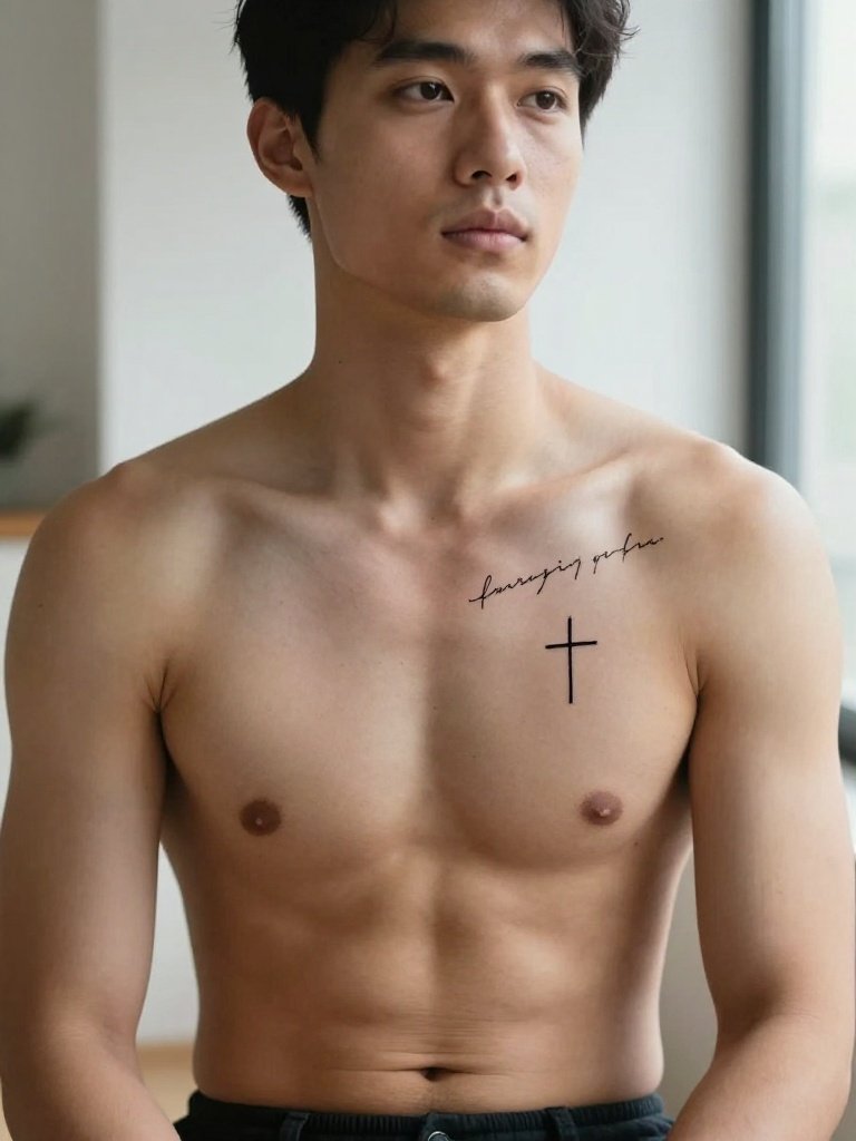 21 Chest Tattoos For Men: Trending And Iconic Ideas 15 Small Minimalist Cross With Script Lettering