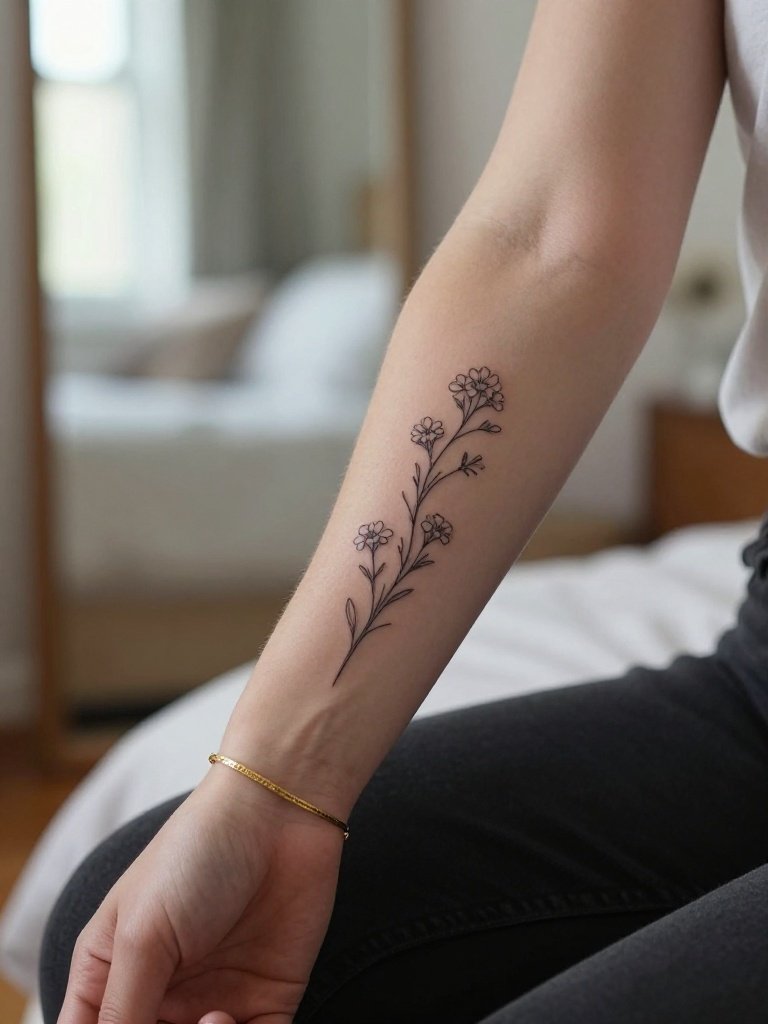 Delicate Fine Line Florals: An Inner Forearm Tattoo for Women