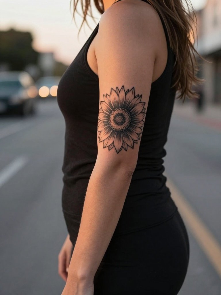 Bold Blackwork Sunflower: A Women's Outer Forearm Tattoo