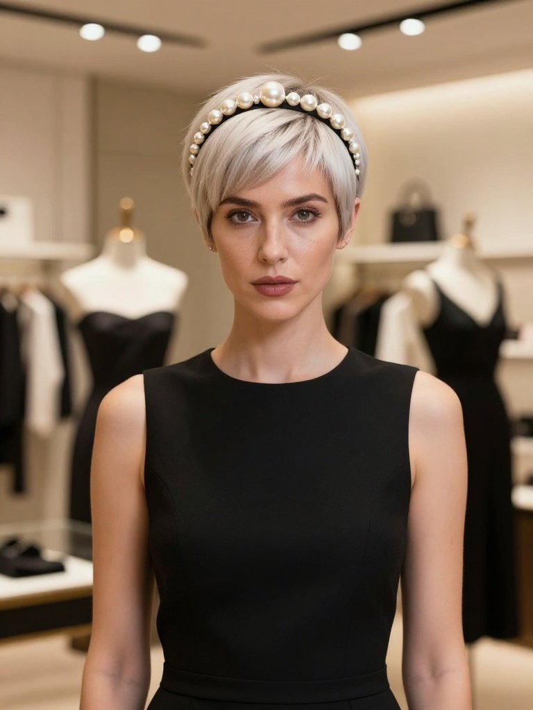 Headband Hairstyles : 16 Beautiful Looks That Actually Stay Put 9 Pearl‑Accent Headband on a Pixie Cut