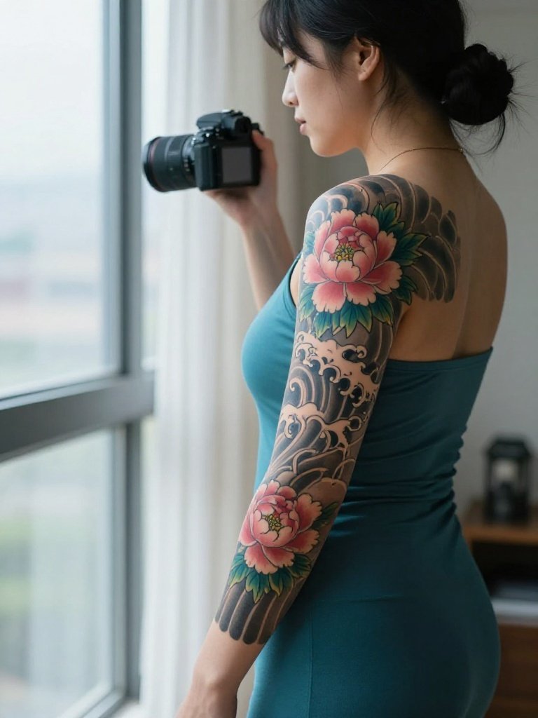 Wave and Peony Sleeve Tattoos Women
