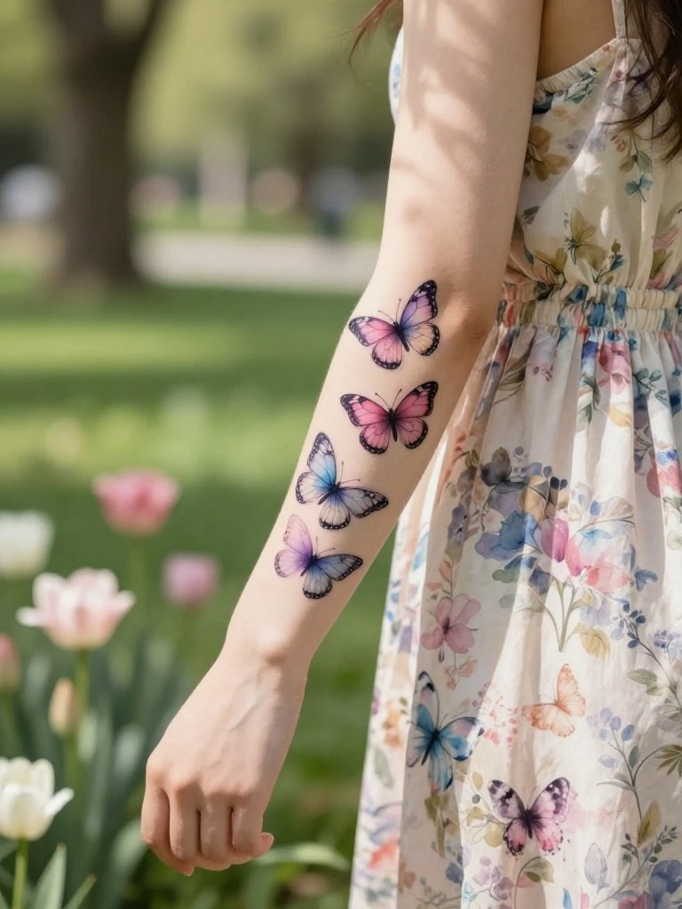 Watercolor Butterfly Cluster: An Outer Forearm Tattoo for Women