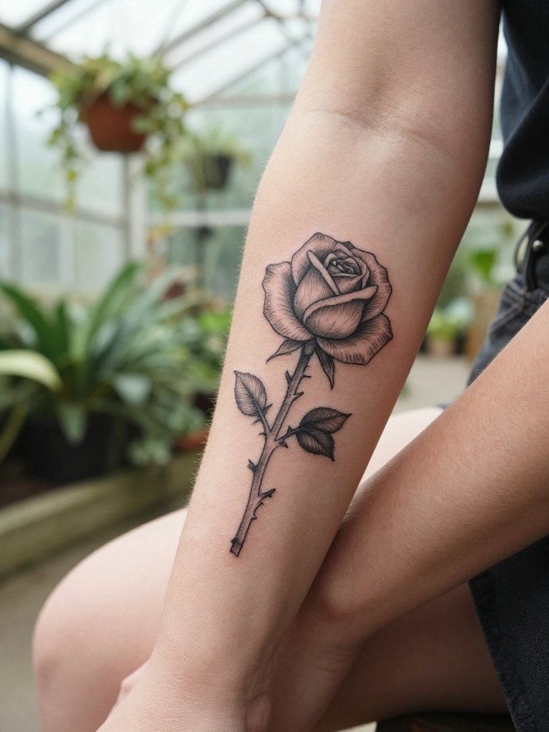 Delicate Rose With Thorns: A Traditional Forearm Tattoo Women