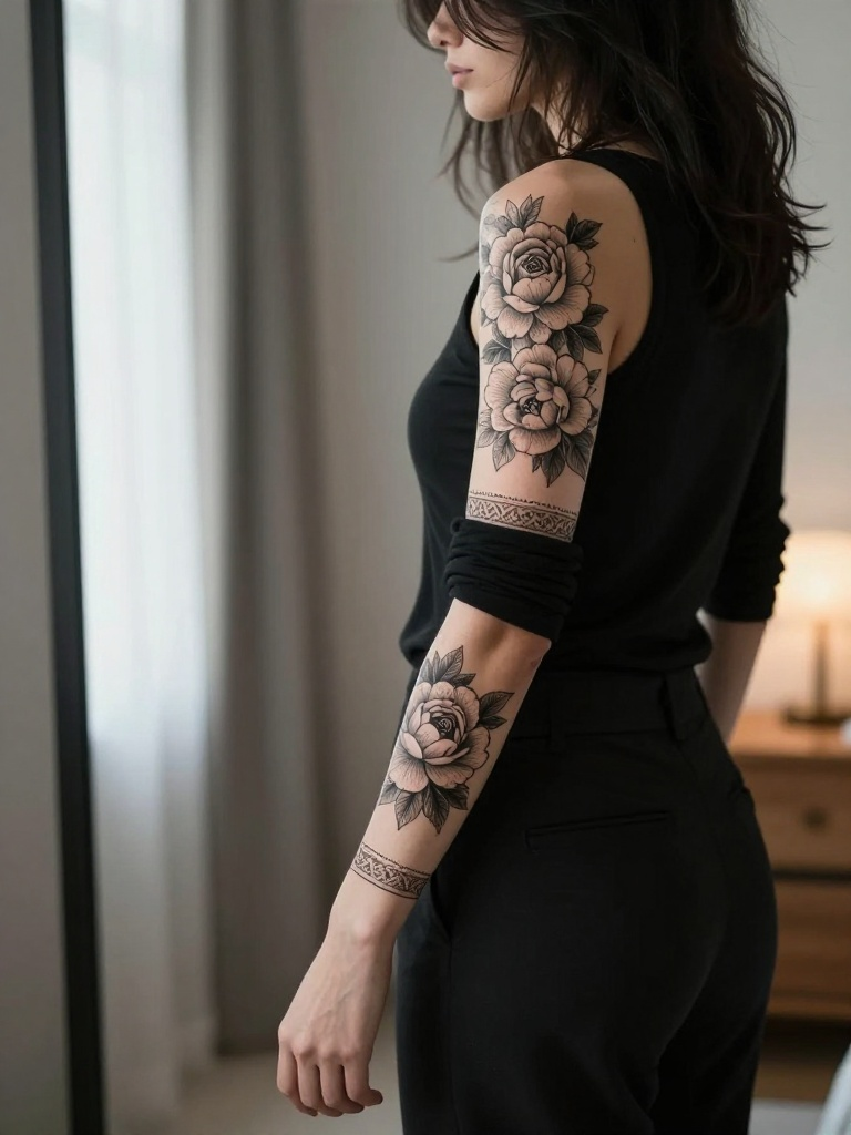 Dotwork Rose Sleeve Tattoos Women