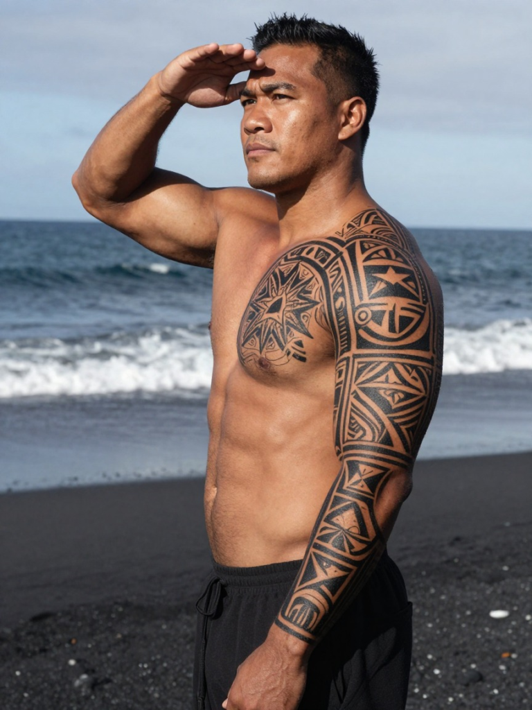 Polynesian Tribal Sleeve Tattoo for Men With Chest Extension