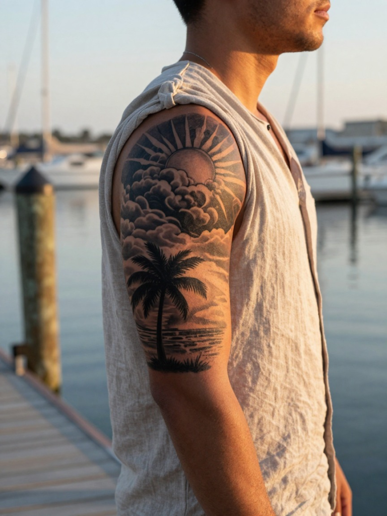 Tropical Sunset and Ocean Sleeve Tattoo for Men