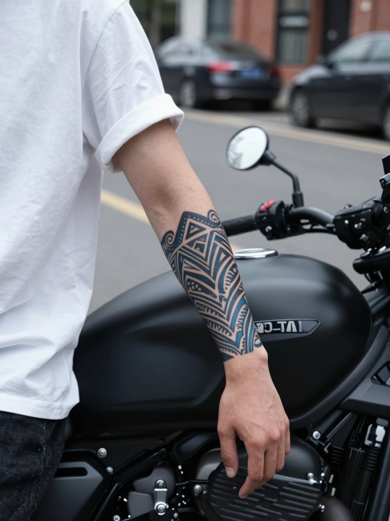 Blue-Black Polynesian Forearm Sleeve Tattoo for Men