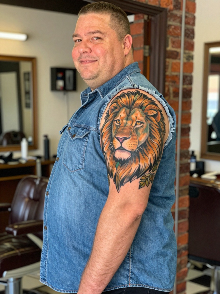 Neo-Traditional Lion Sleeve Tattoo for Men