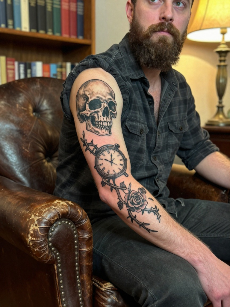 Skull and Clock Memento Mori Sleeve Tattoo for Men