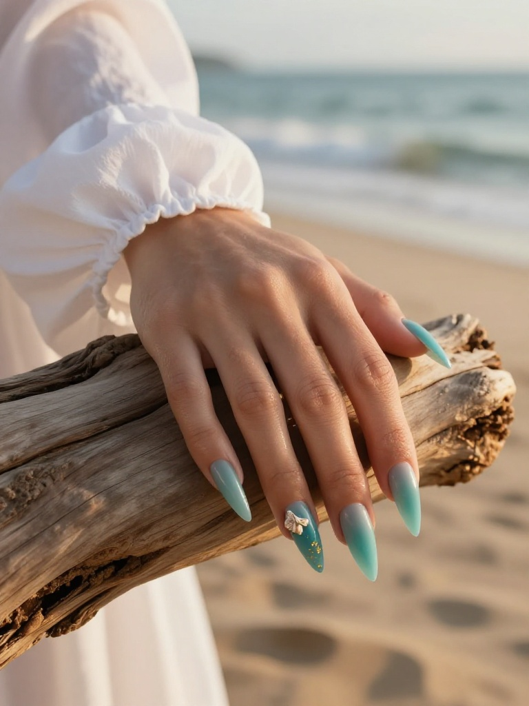 22 Stunning Stiletto Nails Ideas For Every Bold Mood 5 Coastal Teal Shell-Accent Stiletto Nails
