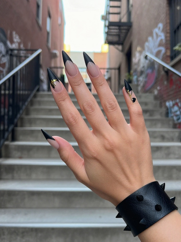 22 Stunning Stiletto Nails Ideas For Every Bold Mood 9 Matte Black Angular Cutout Stiletto Nails with Gold Foil Leaves