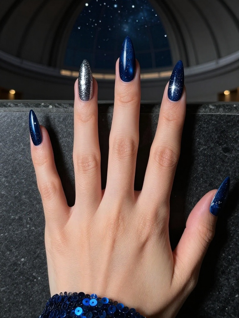 22 Stunning Stiletto Nails Ideas For Every Bold Mood 14 Galaxy Navy Stiletto Nails with Star Dust