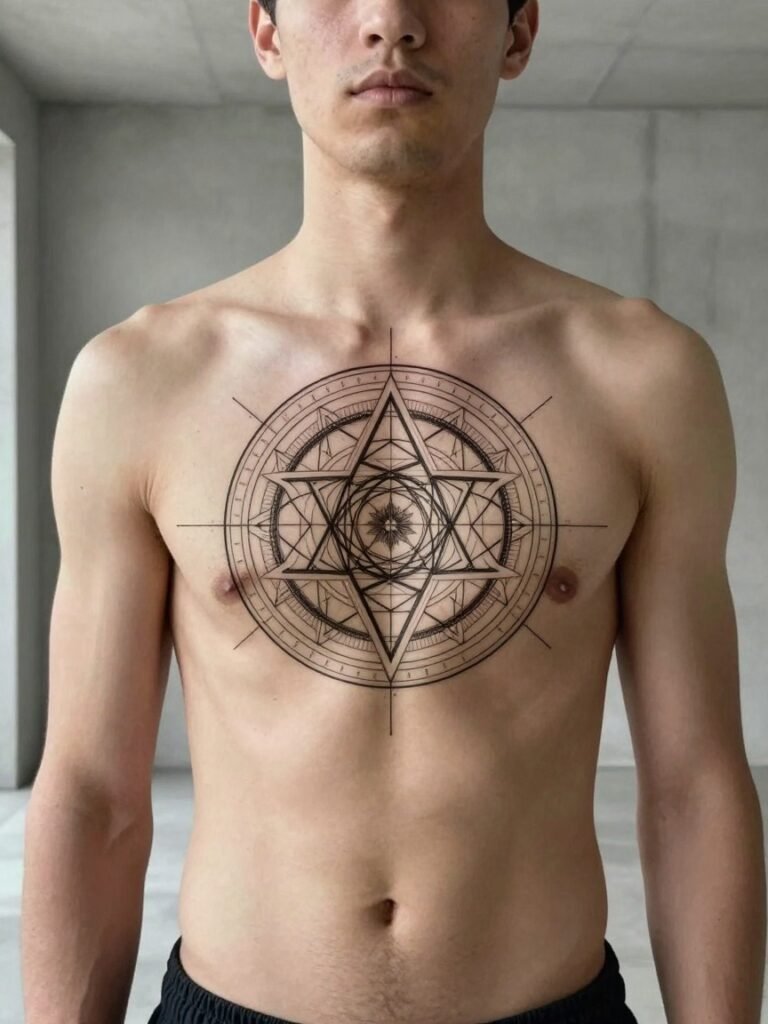 21 Chest Tattoos For Men: Trending And Iconic Ideas 14 Sacred Geometry Mandala Chest Piece