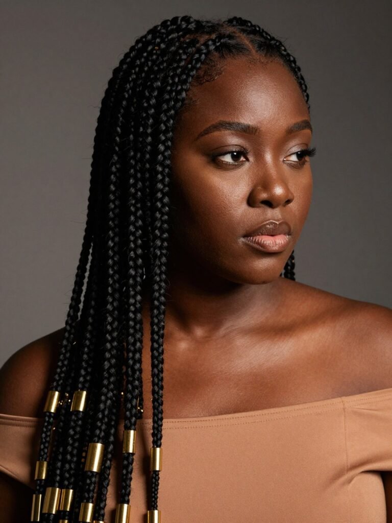 Side-Swept Fulani Braids With Gold Cuffs