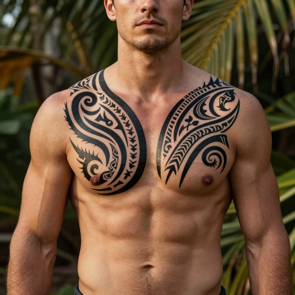 21 Chest Tattoos For Men: Trending And Iconic Ideas 16 Polynesian Tribal Half Chest Pattern