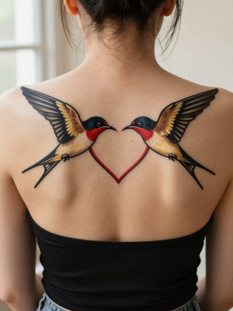 16 Traditional Heart Tattoo Ideas That Still Feel Iconic 11 The Swallow Pair Traditional Heart Tattoo