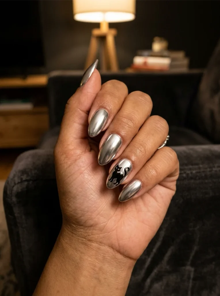 Chrome Black Cat Halloween Nails