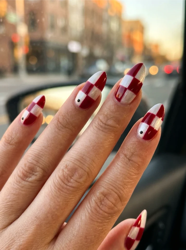 Ruby Red Fall Checkered Nails in Almond Shape