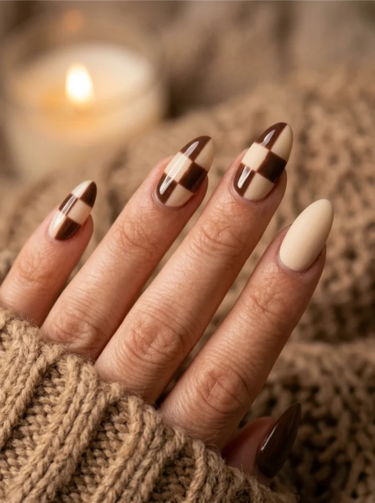 Chocolate Brown Fall Checkered Nails in Cream Squares
