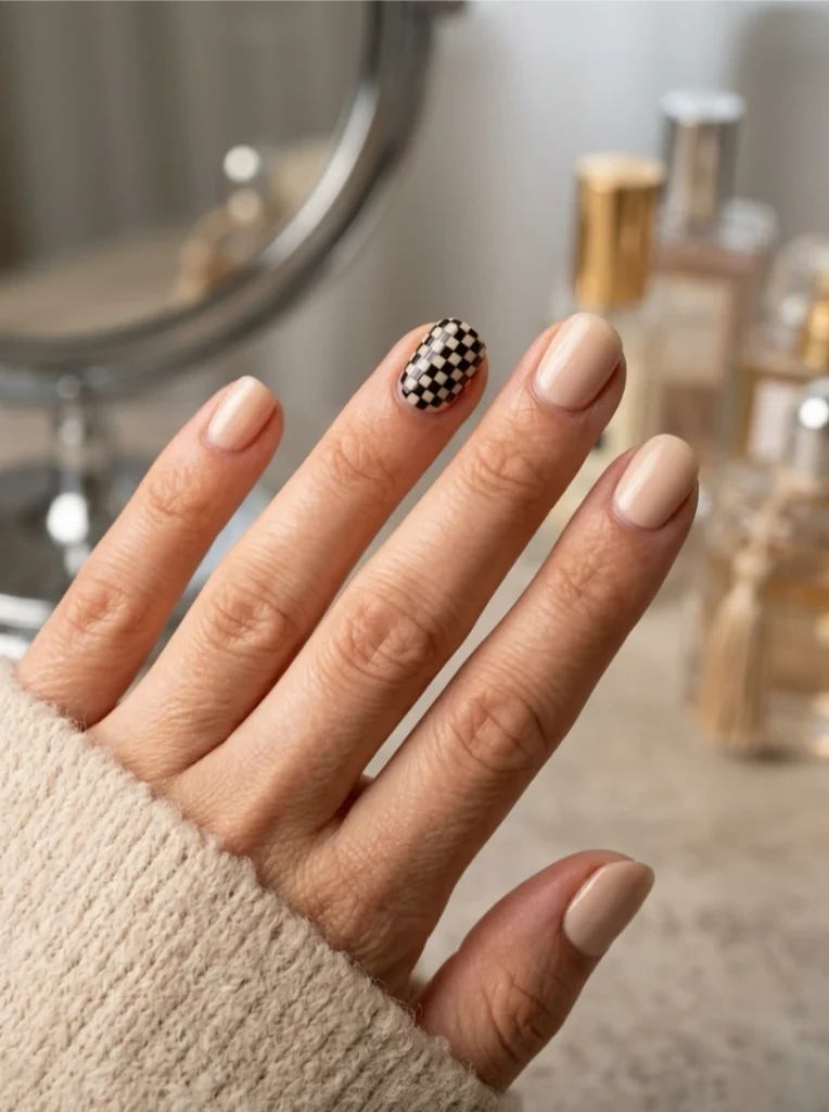 Mini Fall Checkered Nails Accent on a Nude Base