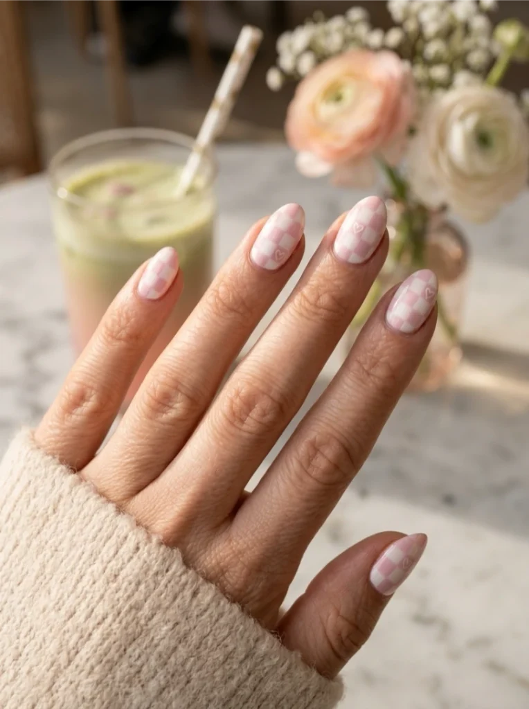 Pink Fall Checkered Nails with a Heart Detail