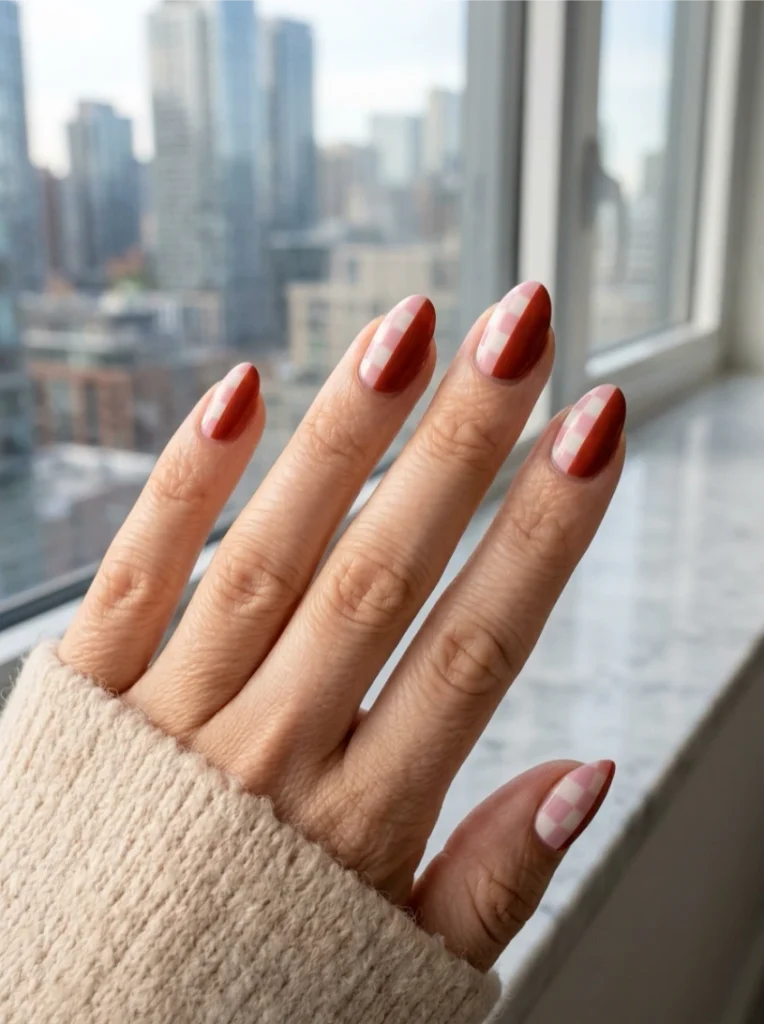 Two-Tone Fall Checkered Nails Diagonal Split
